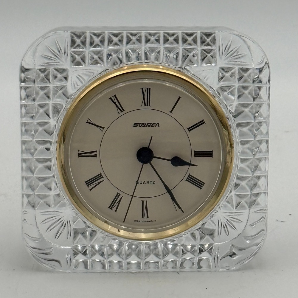 Staiger West Germany Crystal Desk Clock Square Cut Glass Roman Numeral Quartz